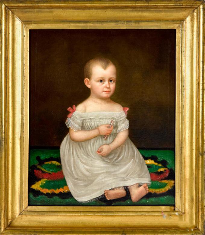 Folk Art Portrait of a Child Holding Candy Cane