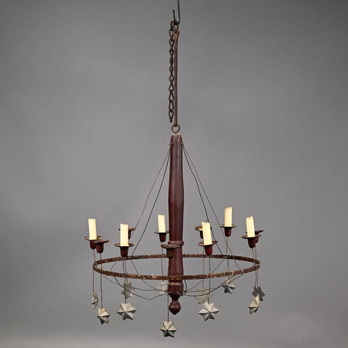 Early Wood & Tin Chandelier w/Lead Stars