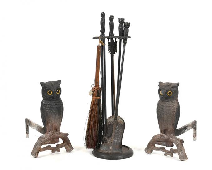 Owl Andirons & Matching Fireplace Tools